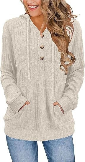 Damen kuscheliger Kapuzenpullover mit Knopfleiste und seitlichen Taschen Drune