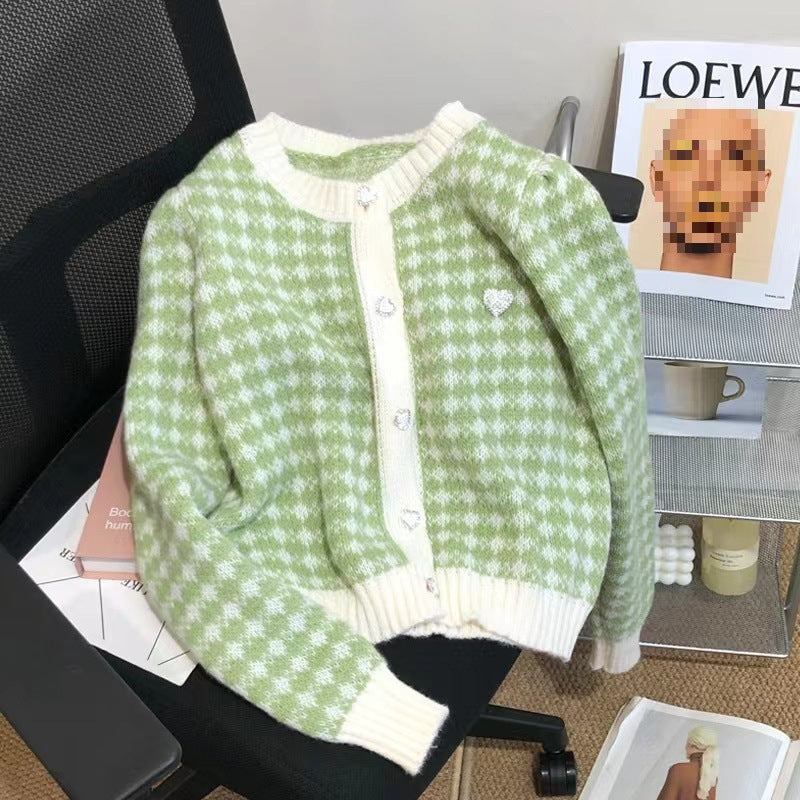Damen weicher Cardigan mit strukturiertem Karomuster und Herzen Drune