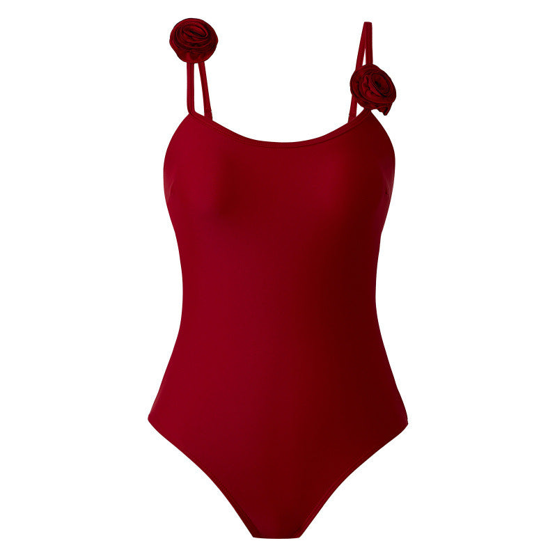 Damen Einteiler Badeanzug mit dekorativen Blumenapplikationen und elegantem Wickelrock Drune