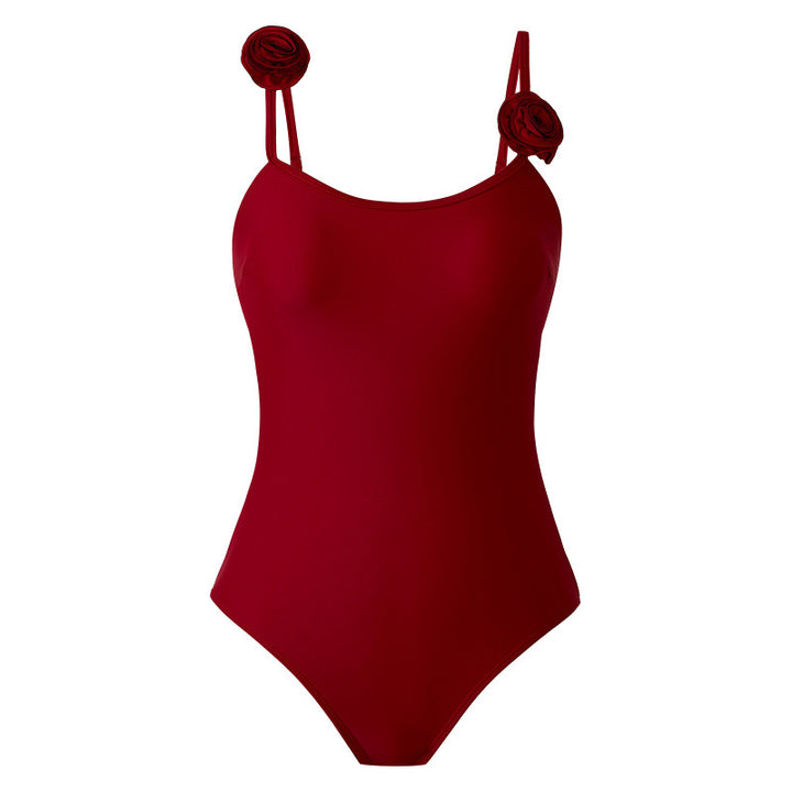 Damen Einteiler Badeanzug mit dekorativen Blumenapplikationen und elegantem Wickelrock Drune