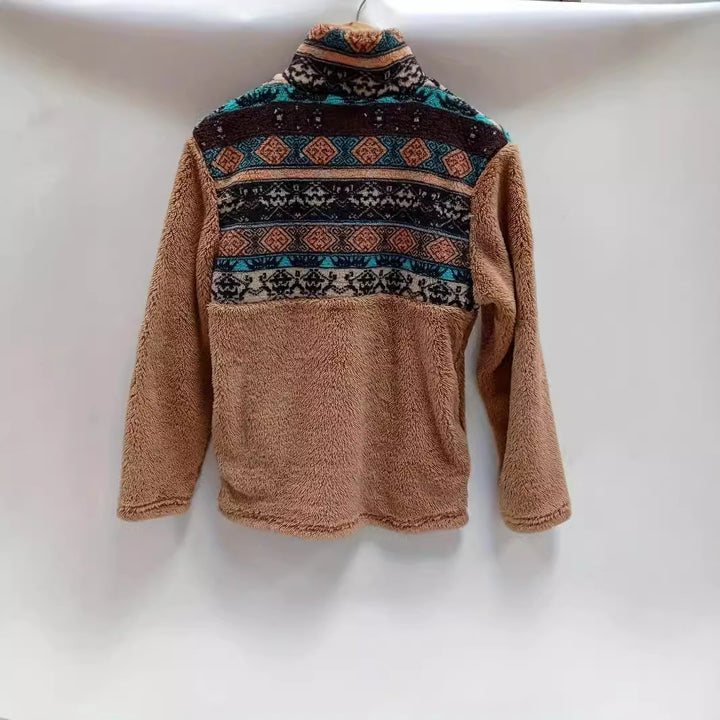 Damen Fleece-Pullover mit modischem Reißverschluss und buntem Muster Drune