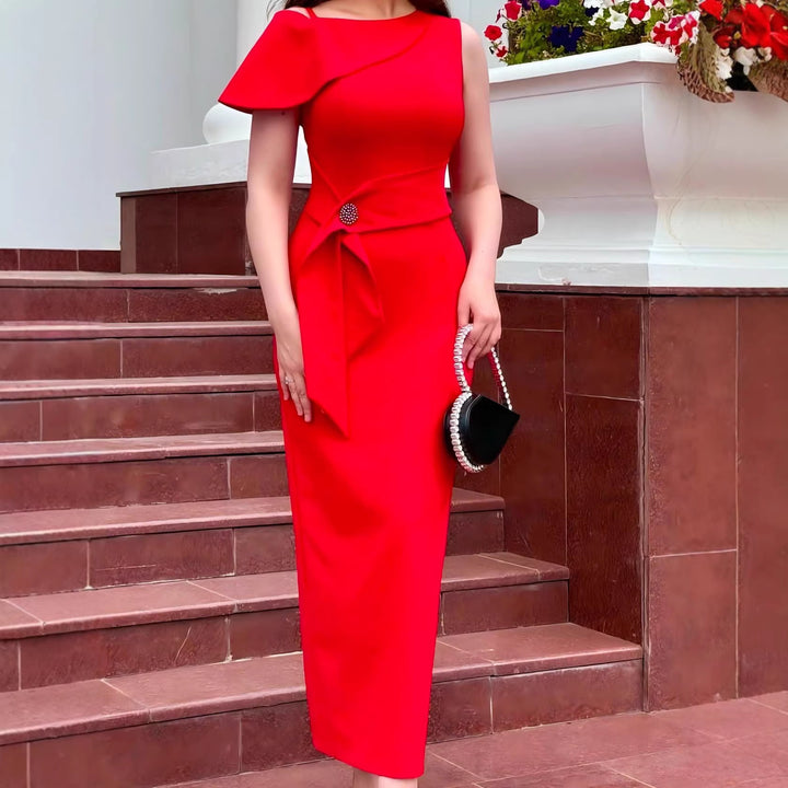 Damen Elegantes Abendkleid mit asymmetrischem Schulterdesign und Taillenknotendetail Drune