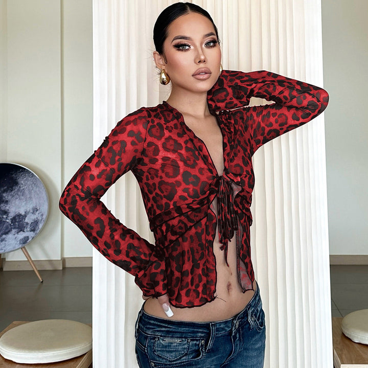 Damen leicht transparentes Oberteil mit Leopardenmuster Drune