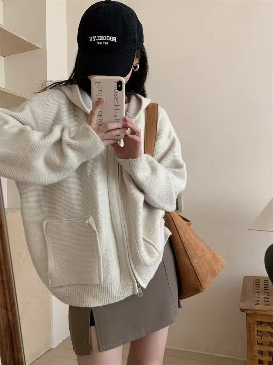 Damen Casual Oversized Strickjacke mit Kapuze und Taschen Drune