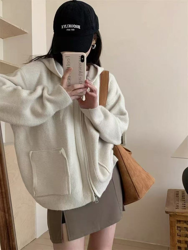 Damen Casual Oversized Strickjacke mit Kapuze und Taschen Drune
