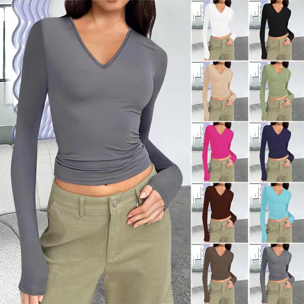 Damen Langarmshirt mit figurbetontem Schnitt und V-Ausschnitt Drune