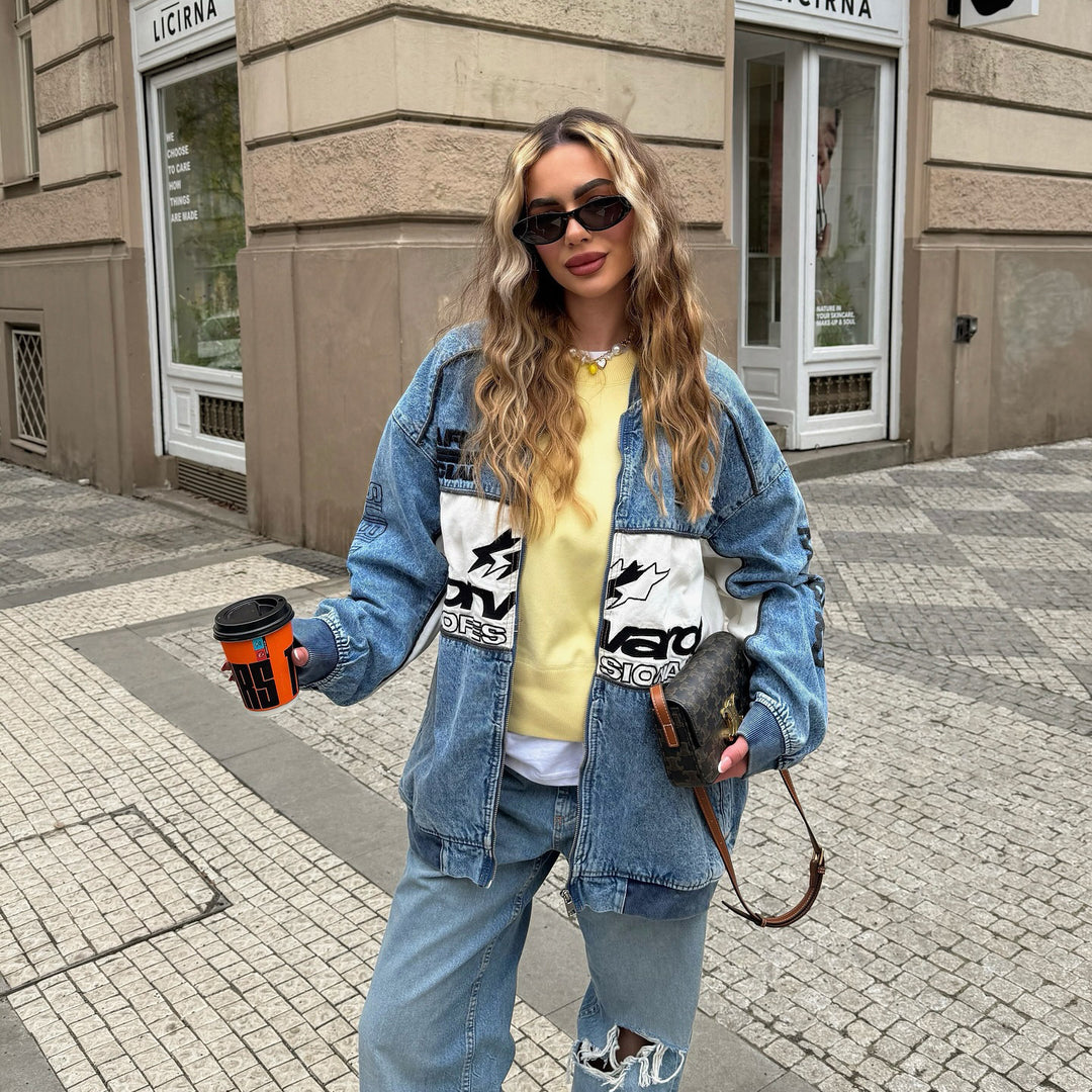 Damen Oversized Denim-Jacke mit kontrastreichen Applikationen und modernem Schnitt Drune