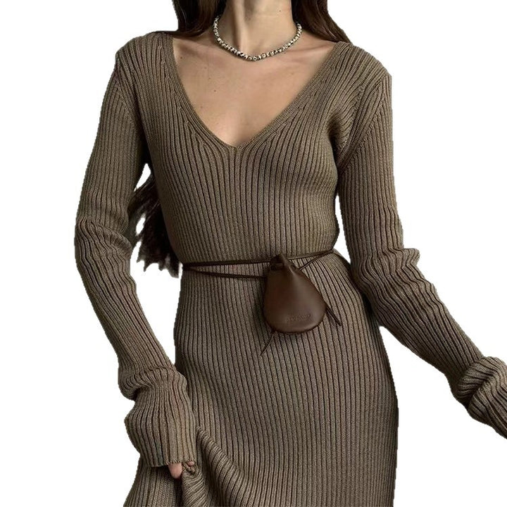 Damen Langarm-Strickkleid mit tiefem V-Ausschnitt und figurbetonter Silhouette Drune