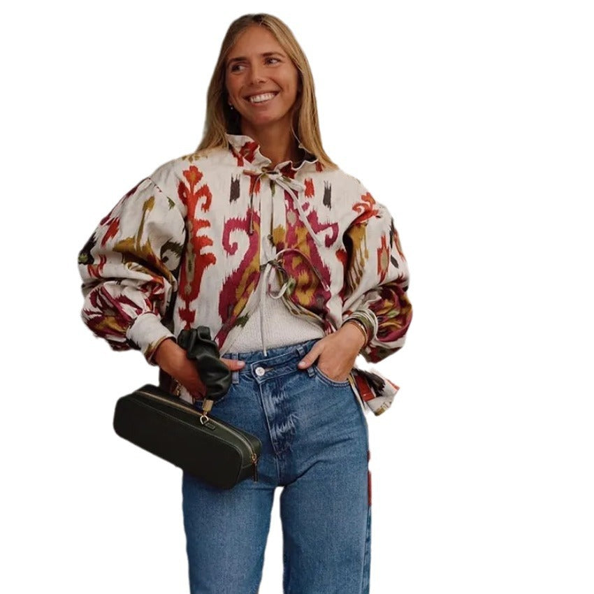 Damen Modische halbärmelige Bluse mit voluminösen Ärmeln Drune