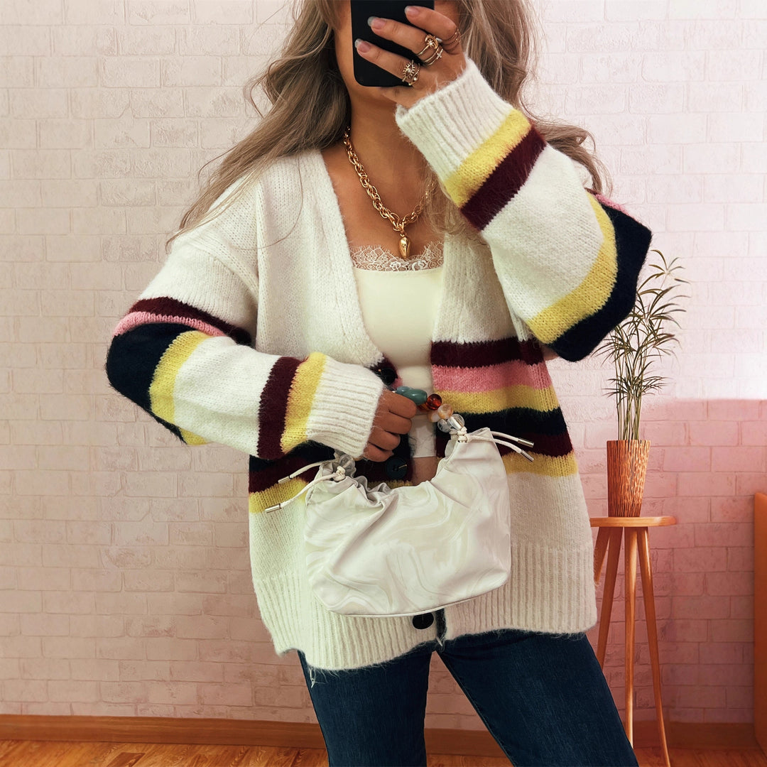 Damen kuschelige Strickjacke mit eleganten Streifen Drune