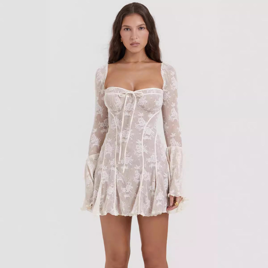 Damen romantisches Spitzenkleid mit Schnürung und flared Ärmeln Drune