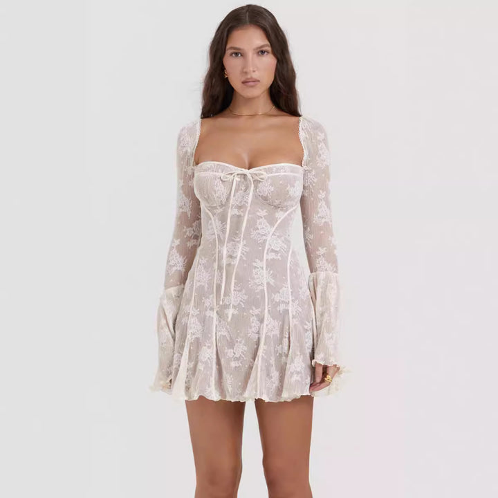 Damen romantisches Spitzenkleid mit Schnürung und flared Ärmeln Drune