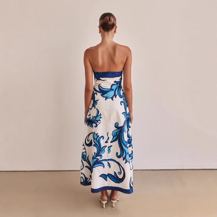 Damen Strapless Maxikleid mit floralem Design und elegantem A-Linien Schnitt Drune