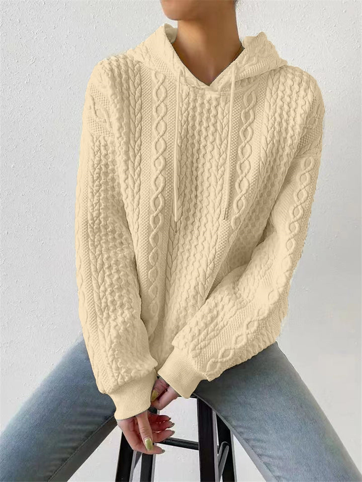 Damen Hochwertiger Strickpullover mit Kapuze und dekorativem Zopfmuster Drune