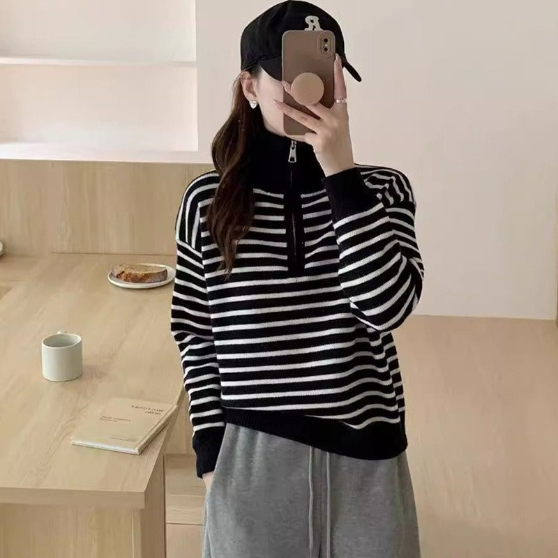 Damen Strickpullover mit kurzem Reißverschluss und modischem Streifenmuster Drune
