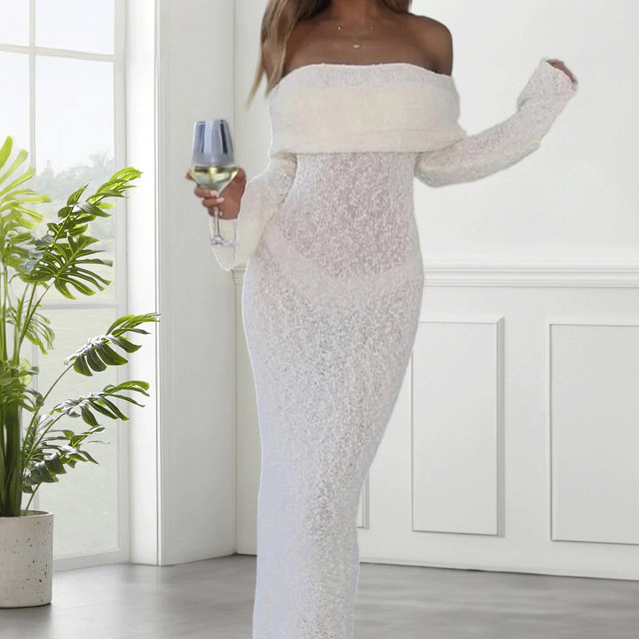 Damen Off-Shoulder Maxikleid mit eleganter Struktur Drune