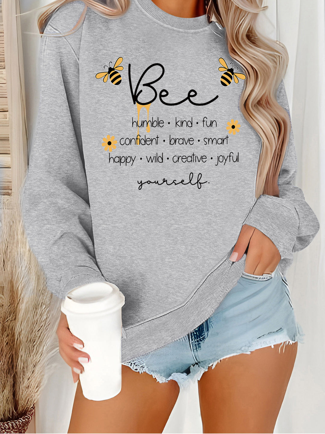 Damen Sweatshirt mit inspirierendem Bienenmotiv und positiven Affirmationen Drune