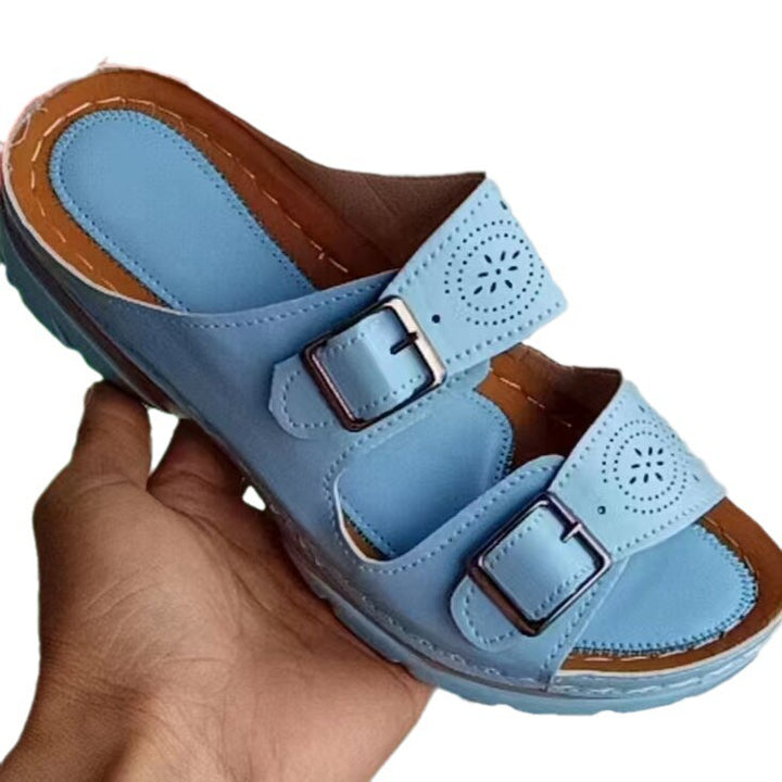 Damen nan Doppelriemen-Pantolette mit Laserperforation, verstellbaren Metallschnallen und gepolstertem Keilfußbett Drune