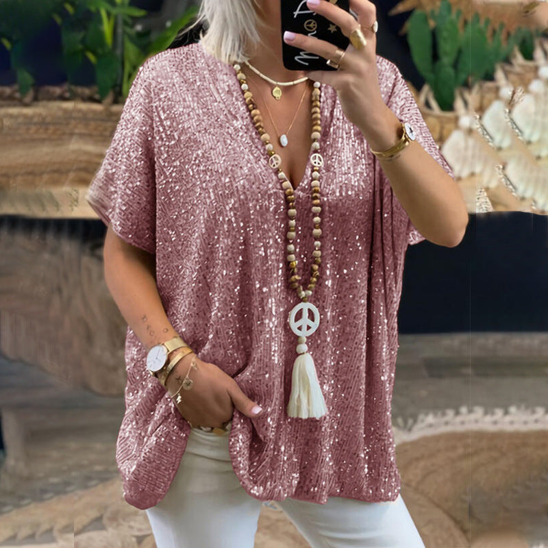 Damen Glamouröses Pailletten-Tunikashirt mit V-Ausschnitt Drune