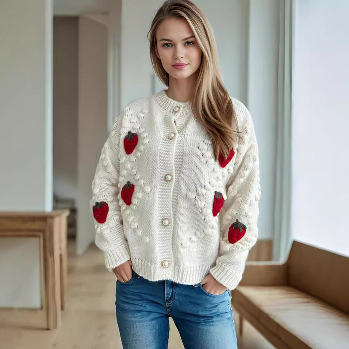 Damen Strickjacke mit verspieltem Erdbeermotiv und Knopfdetails Drune