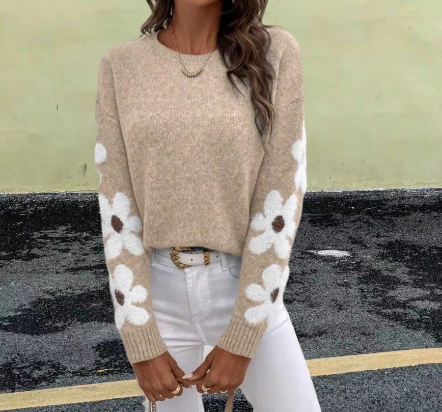 Damen Strickpullover mit floralem Muster und Rundhalsausschnitt Drune