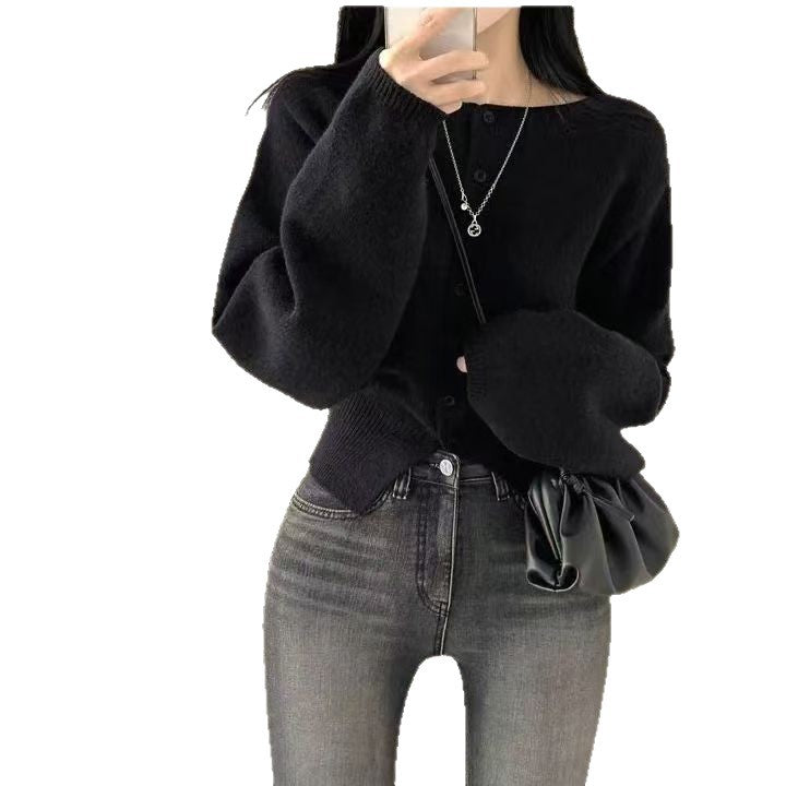 Damen Crop-Pullover mit Knopfdetail und oversized Ärmeln Drune