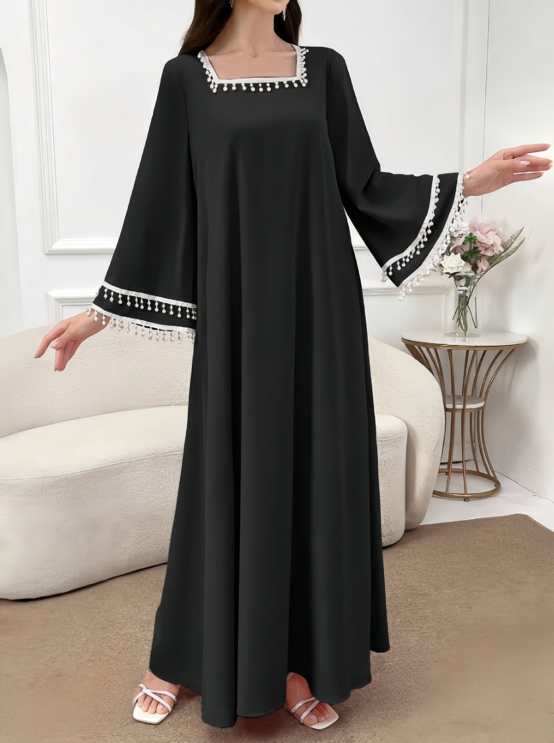Damen Elegantes Maxikleid mit dekorativen Fransen und weiten Ärmeln Drune