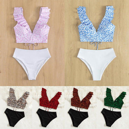 Damen Triangel-Bikini mit modischem Leopardenmuster und Rüschendetails Drune