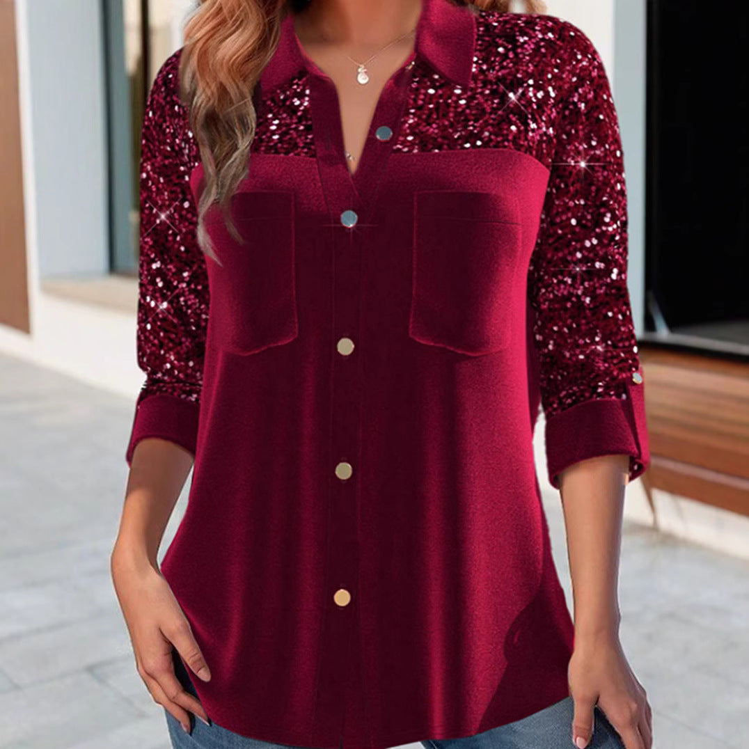 Damen Bluse mit schimmernden Paillettenärmel Drune