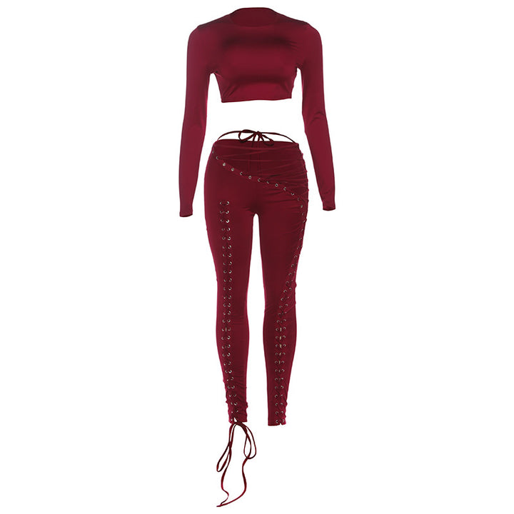 Damen Crop-Top und Hoch geschnittene Leggings mit Schnürdetails Drune
