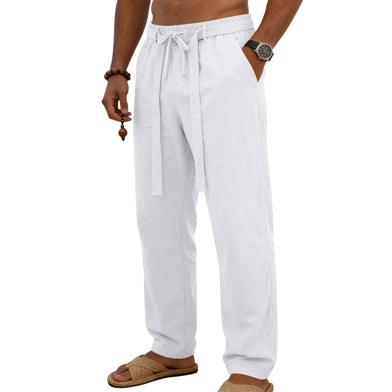 Herren nan leichte Leinen-Loungehose mit elastischem Tunnelzug, dekorativer Bundfalte und geradem Bein Drune