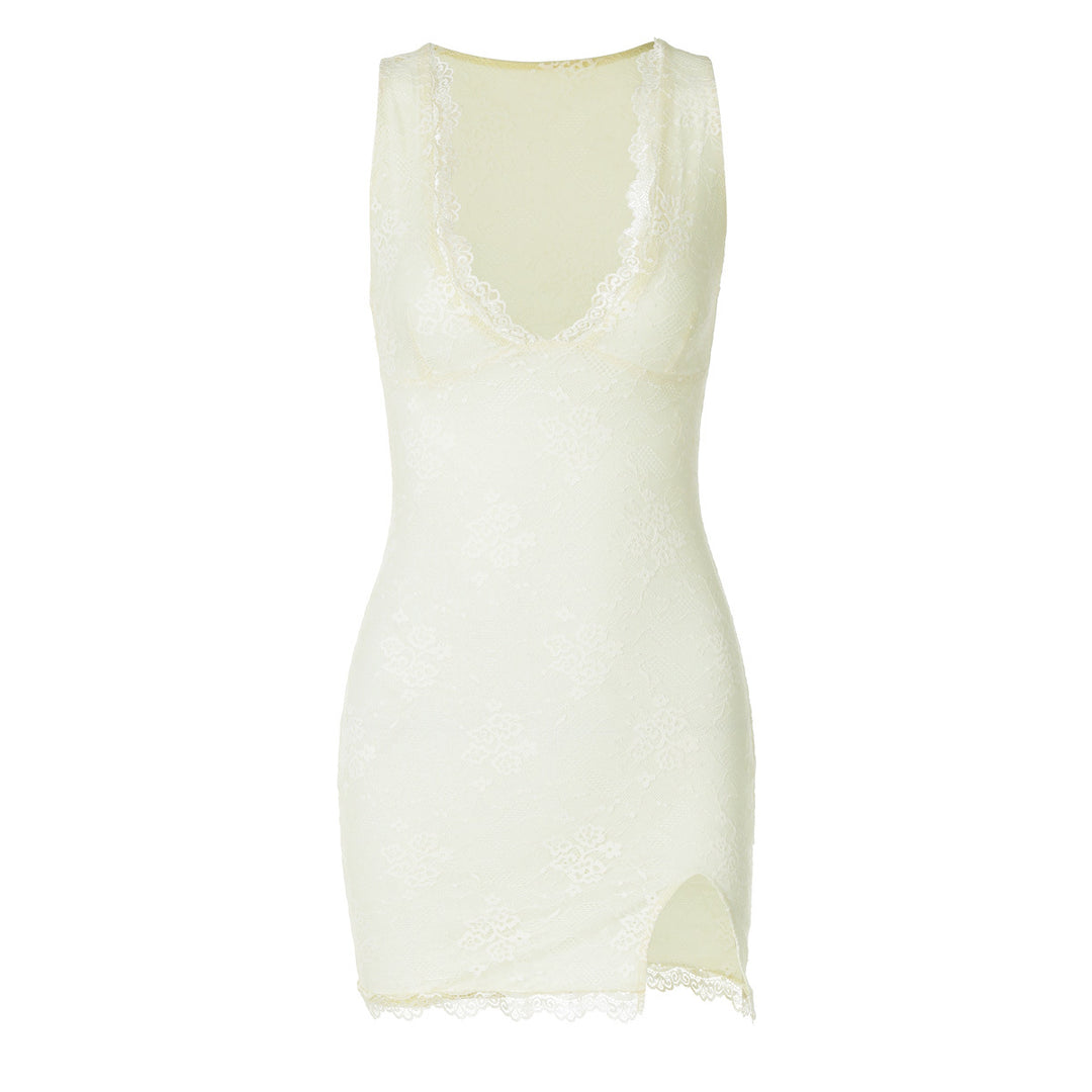 Damen Spitzenkleid mit tiefem V-Ausschnitt und seitlichem Schlitz Drune