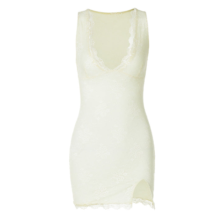 Damen Spitzenkleid mit tiefem V-Ausschnitt und seitlichem Schlitz Drune