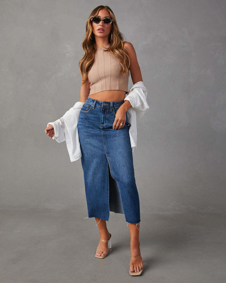 Damen Hoch geschnittene Denim-Midirock mit seitlichem Schlitz und fransigen Säumen Drune
