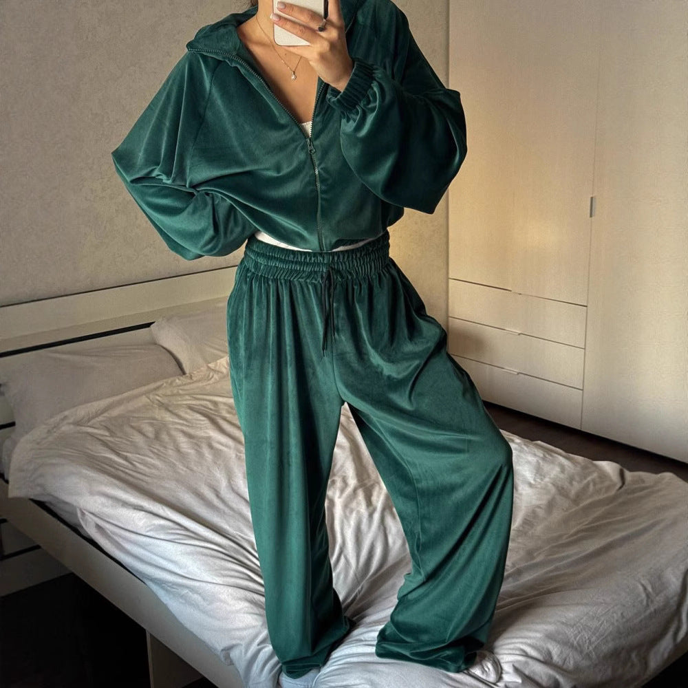 Damen sportlicher Fleece-Jogginganzug mit praktischen Taschen und hohem Kragen Drune