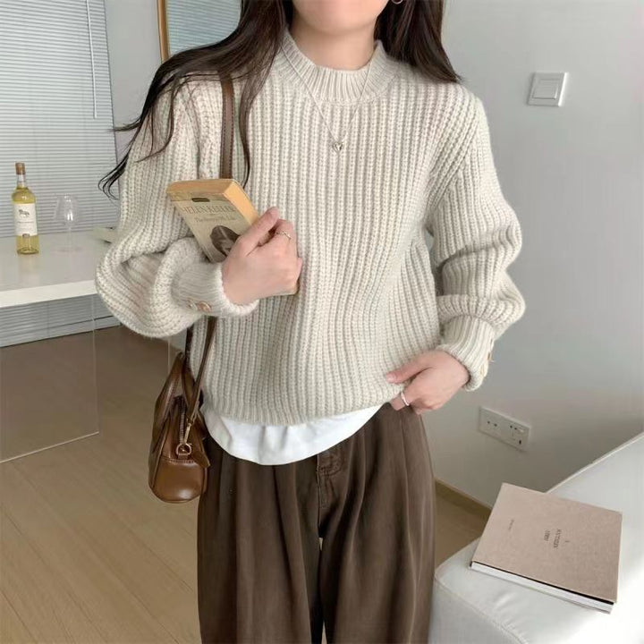 Damen Grobstrickpullover mit Rundhalsausschnitt und dekorativen Knöpfen Drune