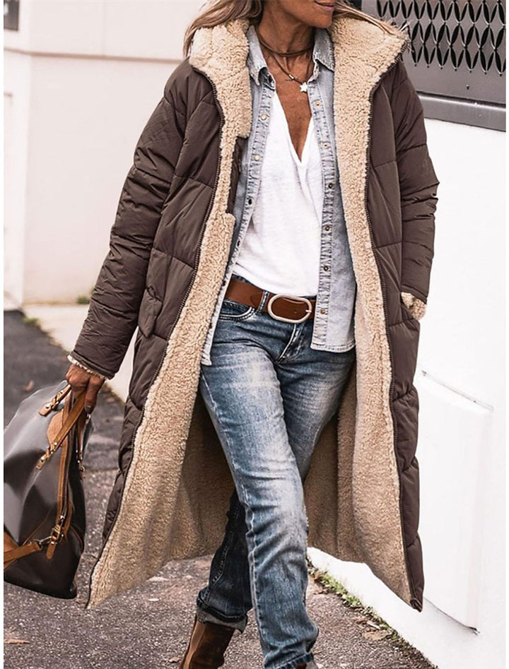 Damen Lange Steppjacke mit kuscheligem Innenfutter und Kapuze Drune