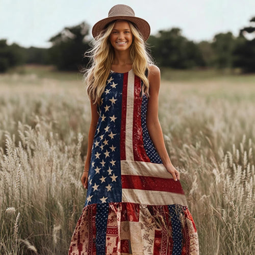 Damen Ethno-Inspirierte Maxikleid mit Flaggenmuster und Rüschensaum Drune