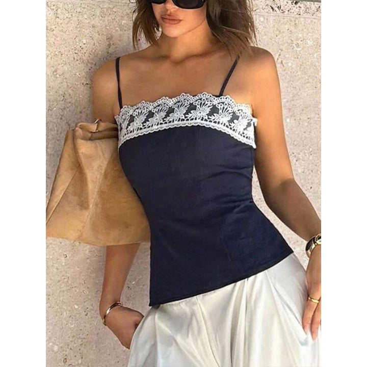 Damen Spaghetti-Träger Top mit elegantem Spitzenrand Drune