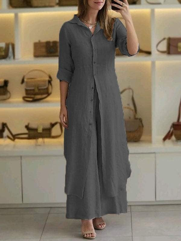 Damen nan langes Leinen-Hemdblusenkleid mit durchgehender Knopfleiste, Hemdkragen und dezentem A-Linien-Schnitt Drune