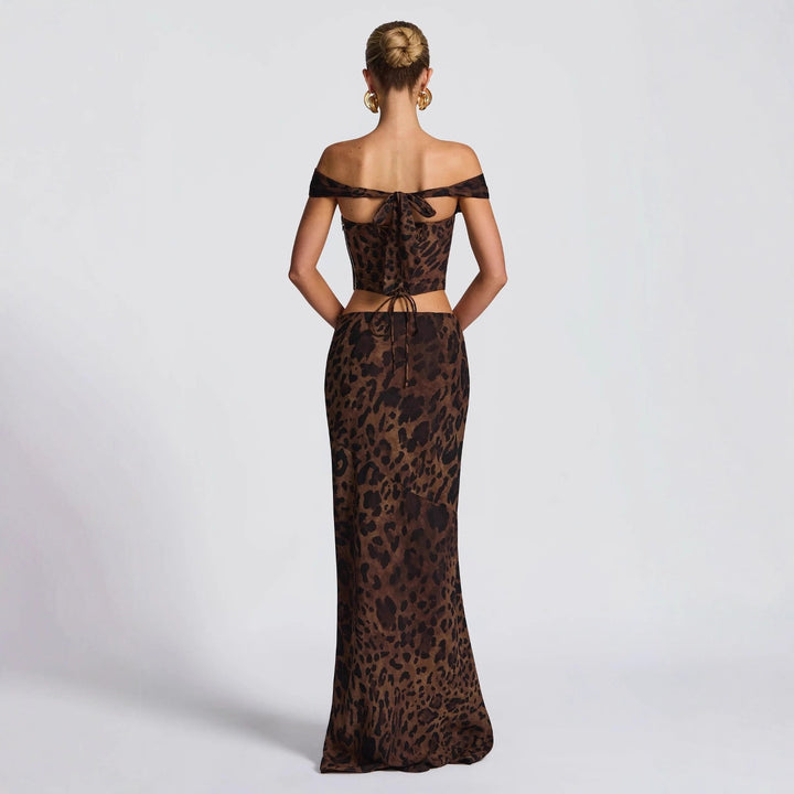 Damen Elegantes Set aus Crop-Top und Maxirock mit Leopardenmuster Drune