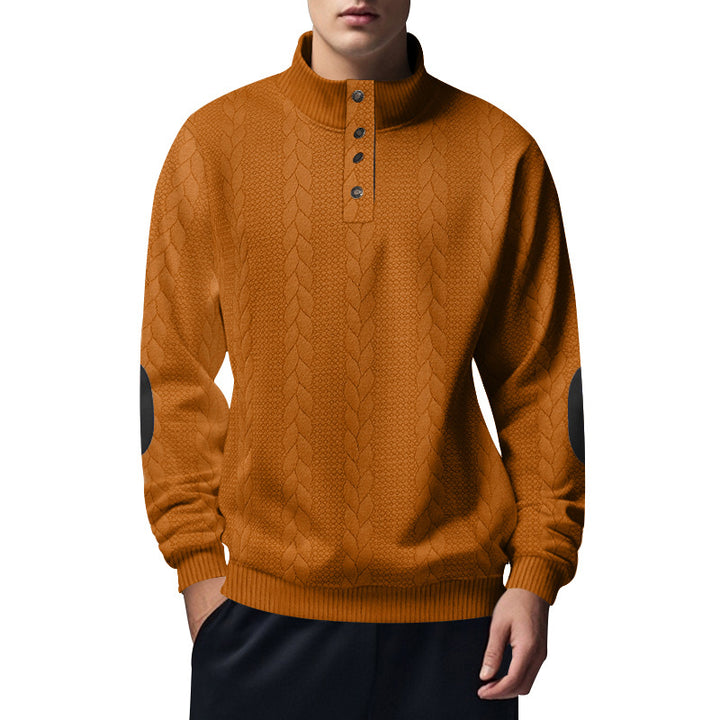 Herren nan strukturiertes Kabelstrick-Henley-Pullover mit Stehkragen und Ellbogenpatches Drune