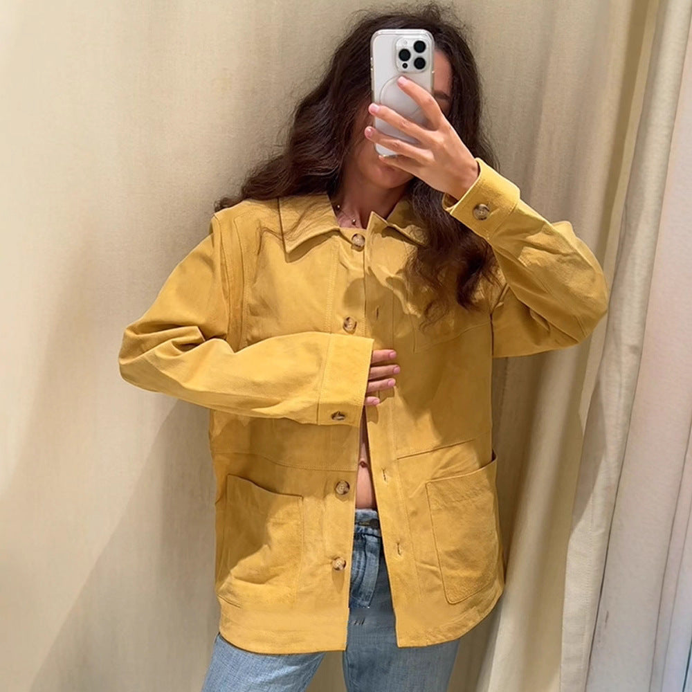 Damen modische Wildlederjacke mit praktischen Taschen Drune