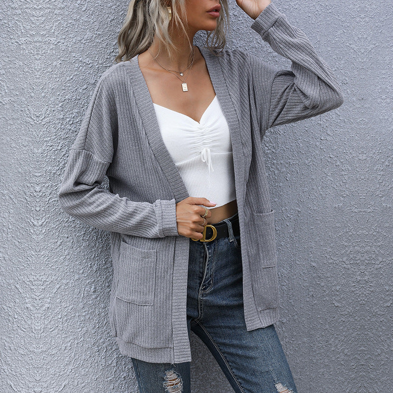 Damen lässige Strickjacke mit Taschen und offenem Schnitt Drune