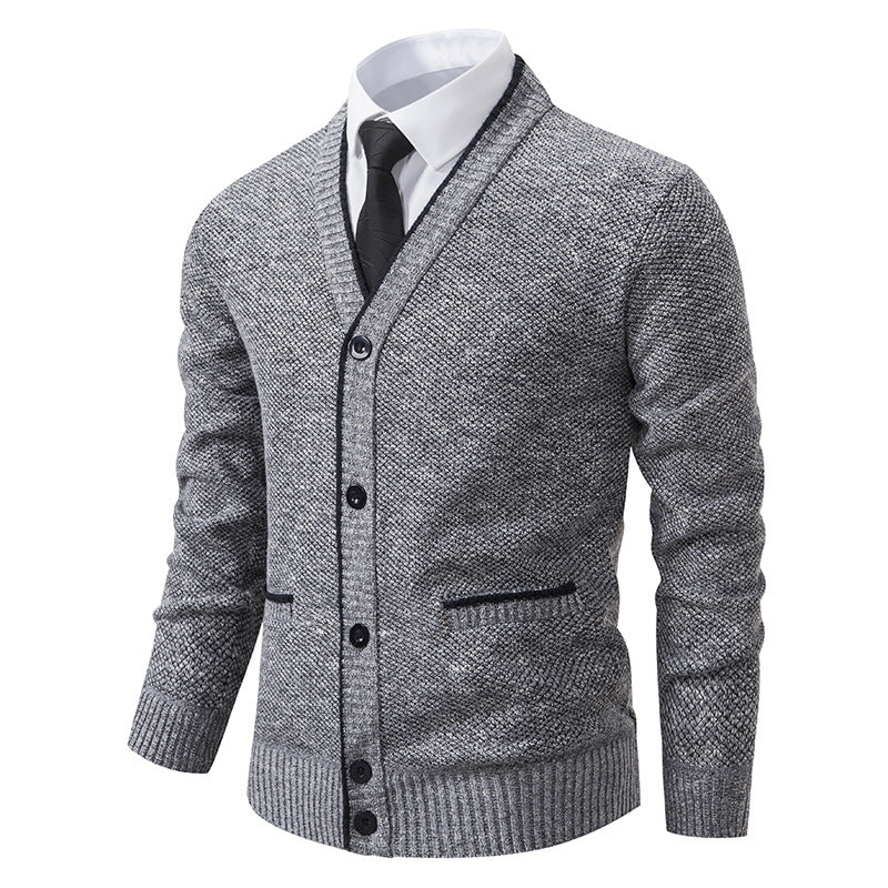Herren nan melierter Strukturstrick-Cardigan mit V-Ausschnitt, Kontrastkanten und aufgesetzten Taschen Drune