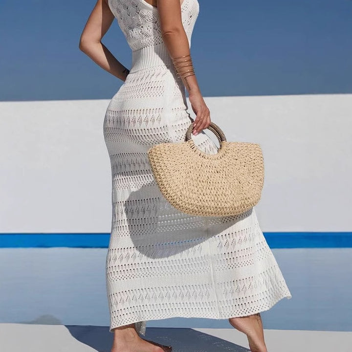 Damen Häkelmaxikleid mit hochgeschlossenem Ausschnitt und seitlichem Schlitz Drune