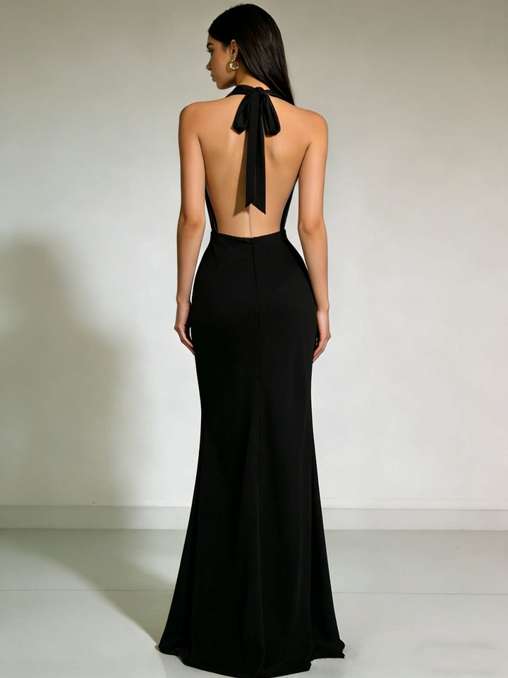 Damen Elegantes und figurbetontes Abendkleid mit tiefem V-Ausschnitt und fließendem Rock Drune