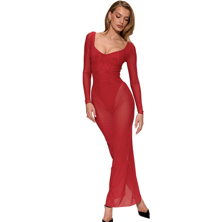 Damen transparentes Maxikleid mit figurformendem Schnitt Drune