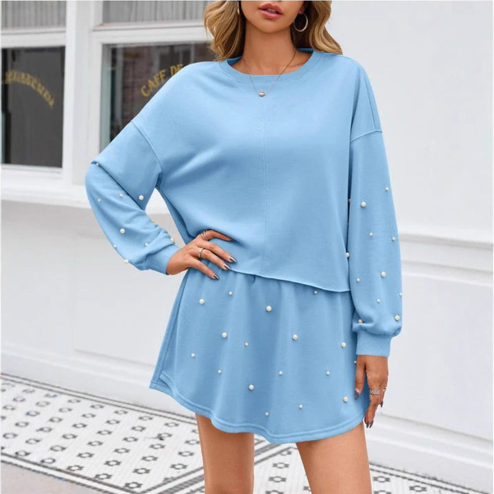 Damen Sweatkleid mit Grübchen und Perlen-Applikationen Drune