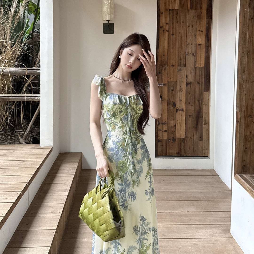 Damen Kleid mit floralem Rüschendesign und figurbetontem Schnitt Drune